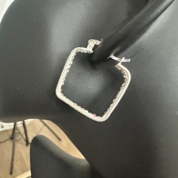 Sterling Silver 925 Square Hoop Earrings With Zircon Accents 3MM - Picture 3 of 9